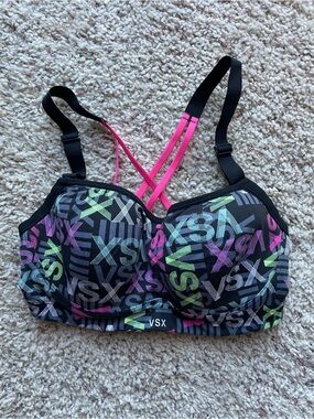 VICTORIA’S SECRET Black Neon Logo Sports Bra with Pink Straps Size 32DD